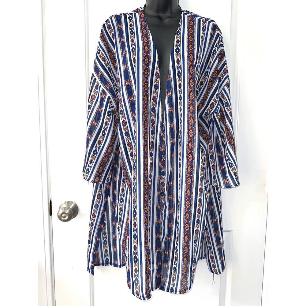 Grace & Emma Blue & Red Aztec Print Western Duster Kimono Shawl